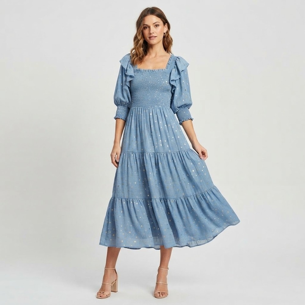 JessaKae Starry Night Smocked Tiered Midi Dress Blue Gold Foil Stars XS Fairy